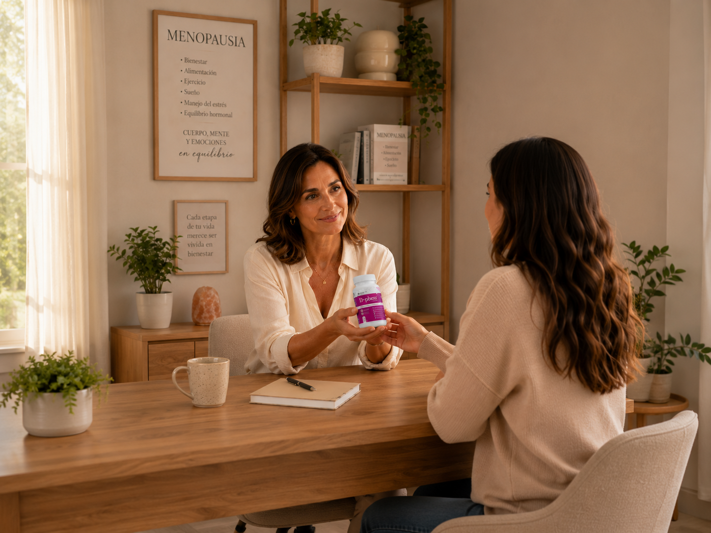 Profesional de salud recomendando D-phem a una paciente